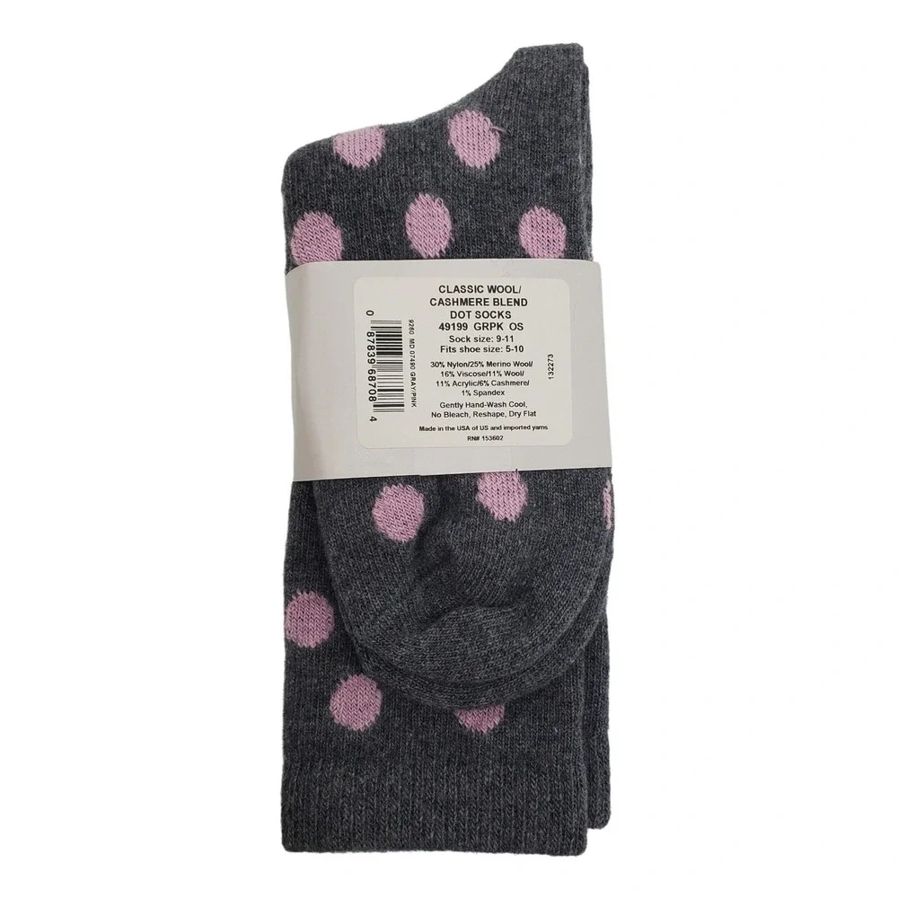 Gray Pink Dot Crew Socks Ladies Medium Garnet Hill Warm Cozy Cashmere Blend Crew